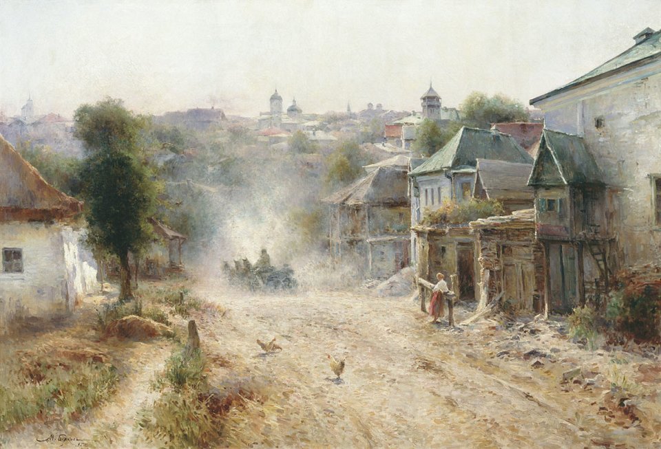 Street in Human Ulica w Humaniu Źródło: Mihail Berkos, Street in Human, 1895, olej na płótnie, Muzeum Sztuki w Charkowie, domena publiczna.