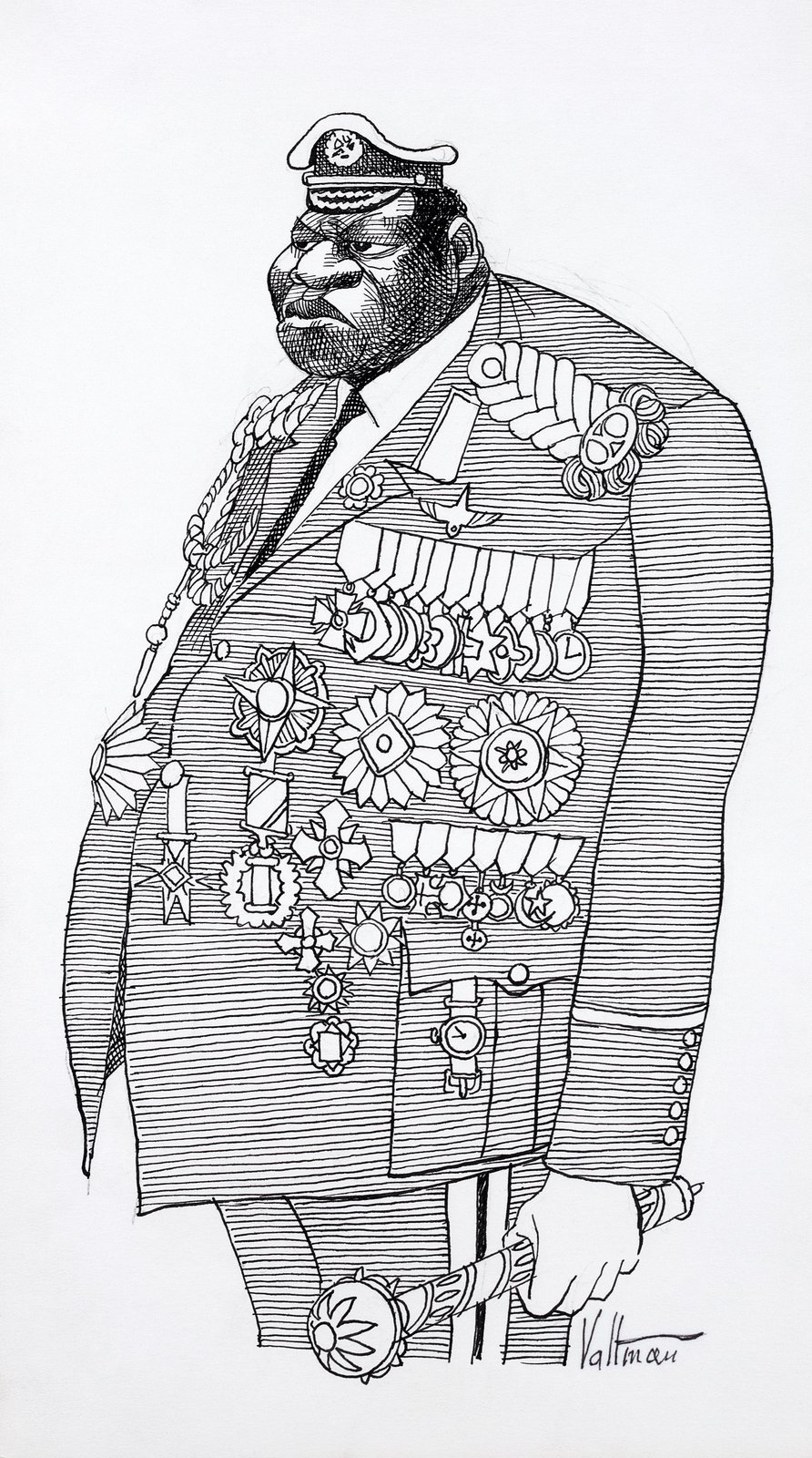 Amin - karykatura Źródło: Edmund S. Valtman, Amin - karykatura, Biblioteka Kongresu Stanów Zjednoczonych, domena publiczna.