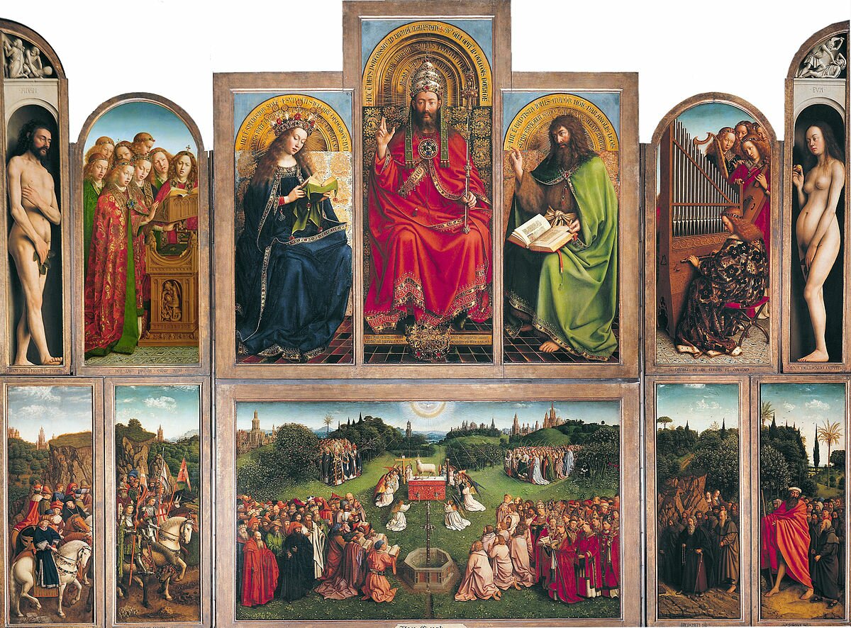 Ołtarz Gandawski Źródło: Hubert van Eyck, Jan van Eyck, Ołtarz Gandawski, 1425–1433, tempera / olej na desce, katedra św. Bawona w Gandawie, domena publiczna.