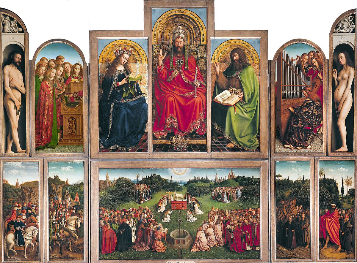 Ołtarz Gandawski Źródło: Hubert van Eyck, Jan van Eyck, Ołtarz Gandawski, 1425–1433, tempera / olej na desce, katedra św. Bawona w Gandawie, domena publiczna.