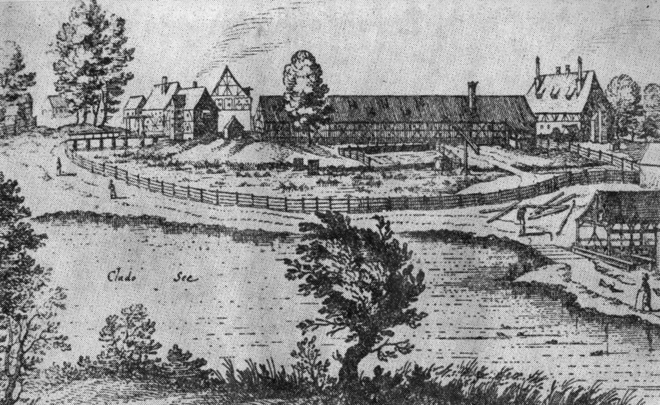 Folwark klasztorny w Mironicach (wówczas: Himmelstadt) w 1650 r., woj. lubuskie. Folwark klasztorny w Mironicach (wówczas: Himmelstadt) w 1650 r., woj. lubuskie. Źródło: M. Merian, Wikimedia Commons, domena publiczna.