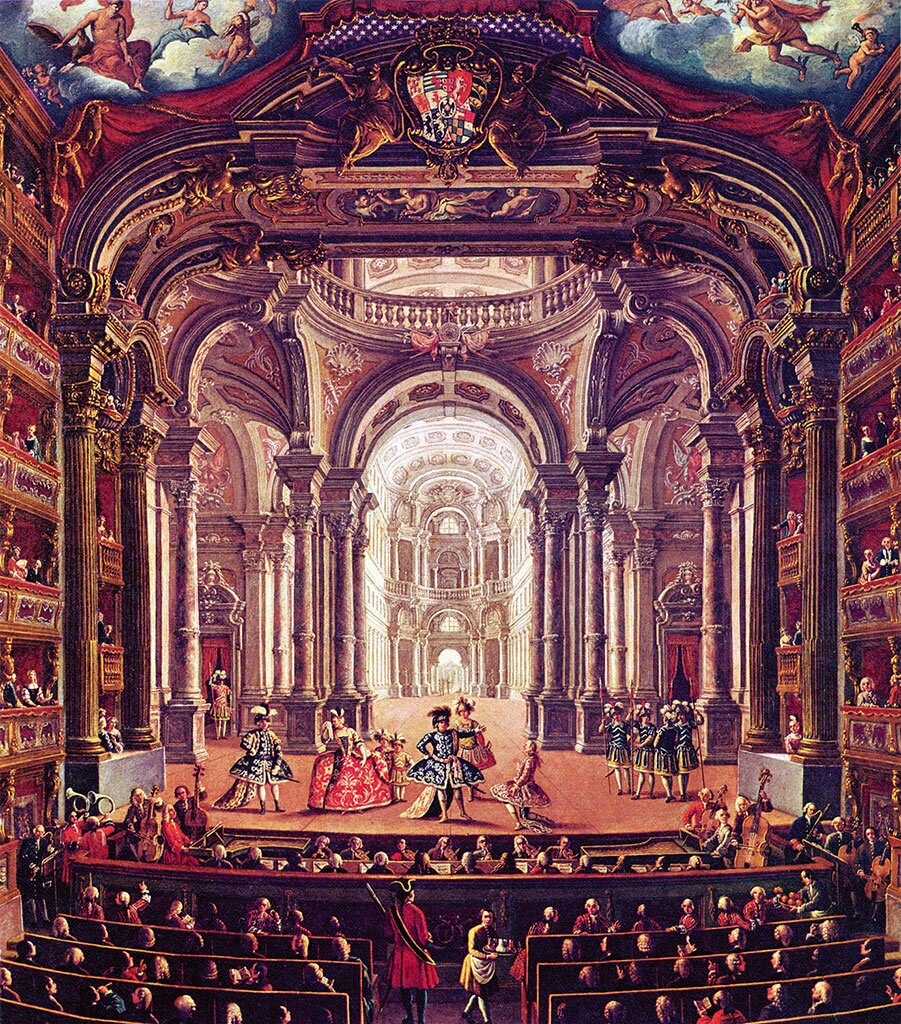 XVIII-wieczny włoski malarz, Giovanni Michele Graneri tak przedstawił wnętrze Teatru Regio w Turynie. XVIII-wieczny włoski malarz, Giovanni Michele Graneri tak przedstawił wnętrze Teatru Regio w Turynie. Źródło: Giovanni Michele Graneri, ok. 1752, olej na płótnie, domena publiczna.
