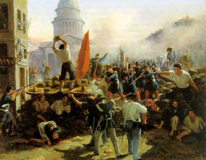 Barykady na ulicy Soufflot 24 czerwca 1848 roku Źródło: Horace Vernet, Barykady na ulicy Soufflot 24 czerwca 1848 roku, domena publiczna.