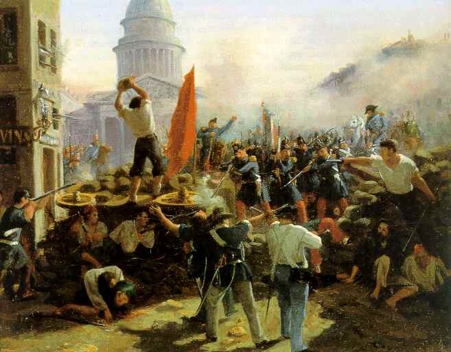 Barykady na ulicy Soufflot 24 czerwca 1848 roku Źródło: Horace Vernet, Barykady na ulicy Soufflot 24 czerwca 1848 roku, domena publiczna.