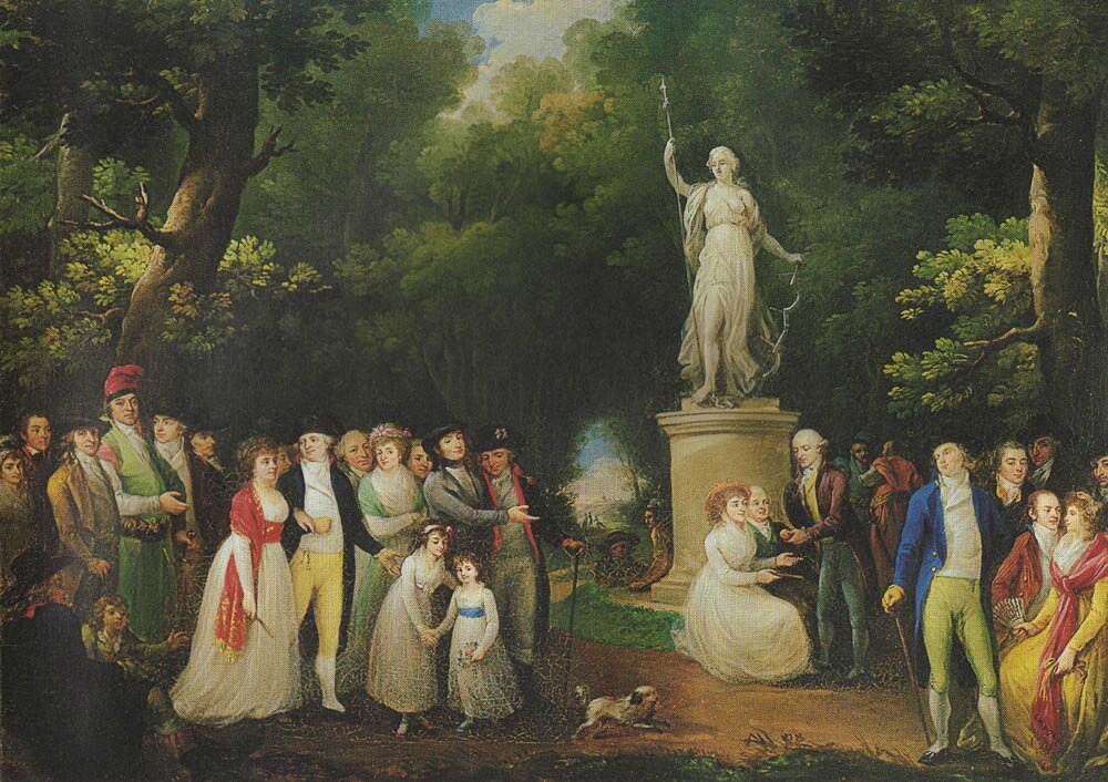 Zebranie towarzyskie w parku Źródło: Kazimierz Wojniakowski, Zebranie towarzyskie w parku, 1797, olej na płótnie, Muzeum Narodowe w Warszawie, domena publiczna.