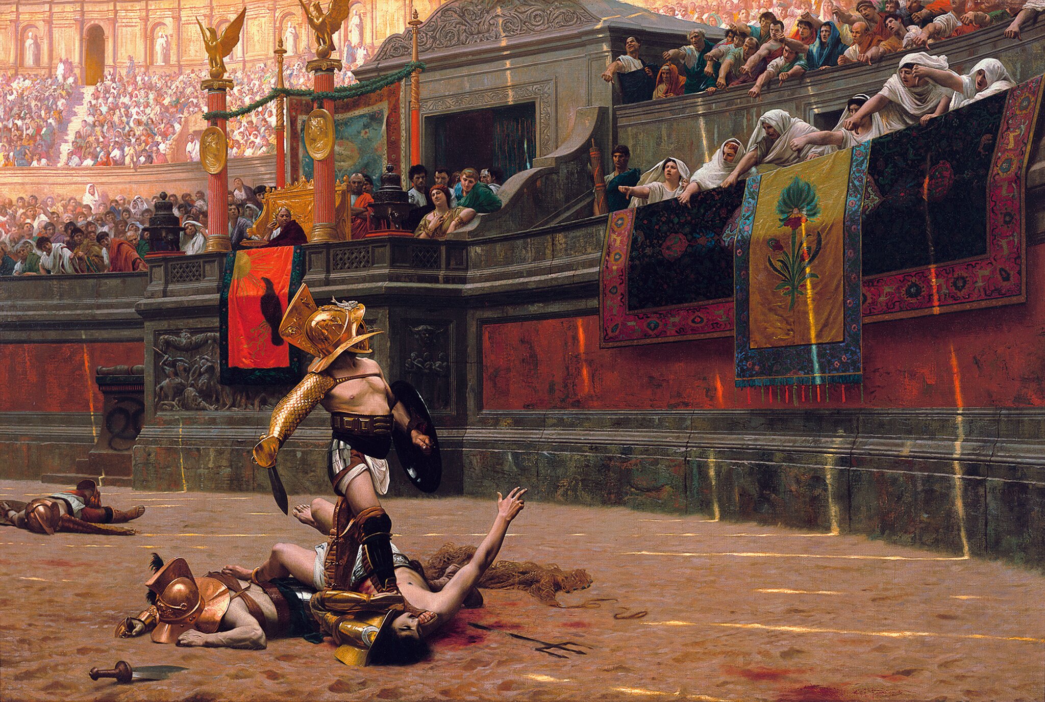 Na piaszczystej arenie otoczonej trybunami, na której siedzą widzowie leżą pokonani gladiatorzy. Na szyi jednego z nich trzyma nogę ubrany w złoty hełm, trzymający w jednym ręku mały miecz, a w drugim tarczę, gladiator, który wygrał walkę. Patrzy na trybuny, na których siedzą kobiety w białych szatach i wyciągniętymi rękami pokazują kciuki w dół.Za kobietami na przyozdobionej kwiatami trybunie honorowej siedzi na złotym tronie mężczyzna w złotym wieńcu na głowie.