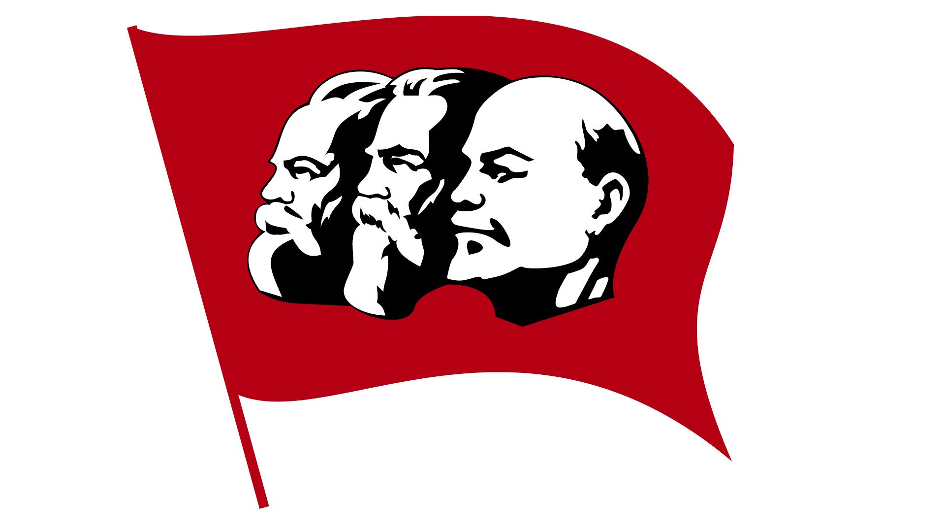 widać czerwoną flage, na niej głowy Marksa, Engelsa i Lenina