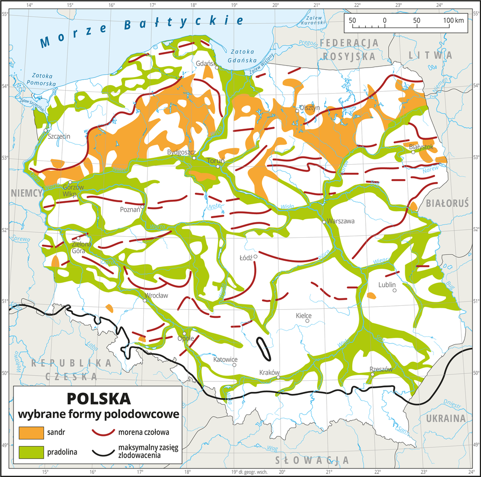 Ilustracja przedstawia mapę Polski. Na mapie przedstawiono wybrane formy polodowcowe.Na północy w rejonie pojezierzy biegnie nieregularny pas koloru pomarańczowego obrazującego sandry. Wzdłuż rzek i w pasie pobrzeży występuje kolor zielony obrazujący pradoliny.Czerwonymi przerywanymi liniami oznaczono moreny czołowe. Układają się one równoleżnikowo na całym obszarze mapy.Czarną linią zaznaczono maksymalny zasięg zlodowacenia, biegnie ona równoleżnikowo na południu Polski wzdłuż Przedgórza Sudeckiego i Podgórza Karpackiego.Dookoła mapy w białej ramce opisano współrzędne geograficzne co jeden stopień.