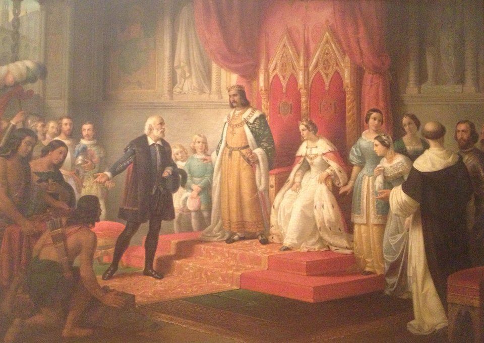 Kolumb informuje parę królewską o dotarciu do nowego lądu Źródło: ClarkSui , Juan Cordero, Kolumb informuje parę królewską o dotarciu do nowego lądu, 1850, Fotografia, Museo Nacional de Arte, licencja: CC BY-SA 3.0.