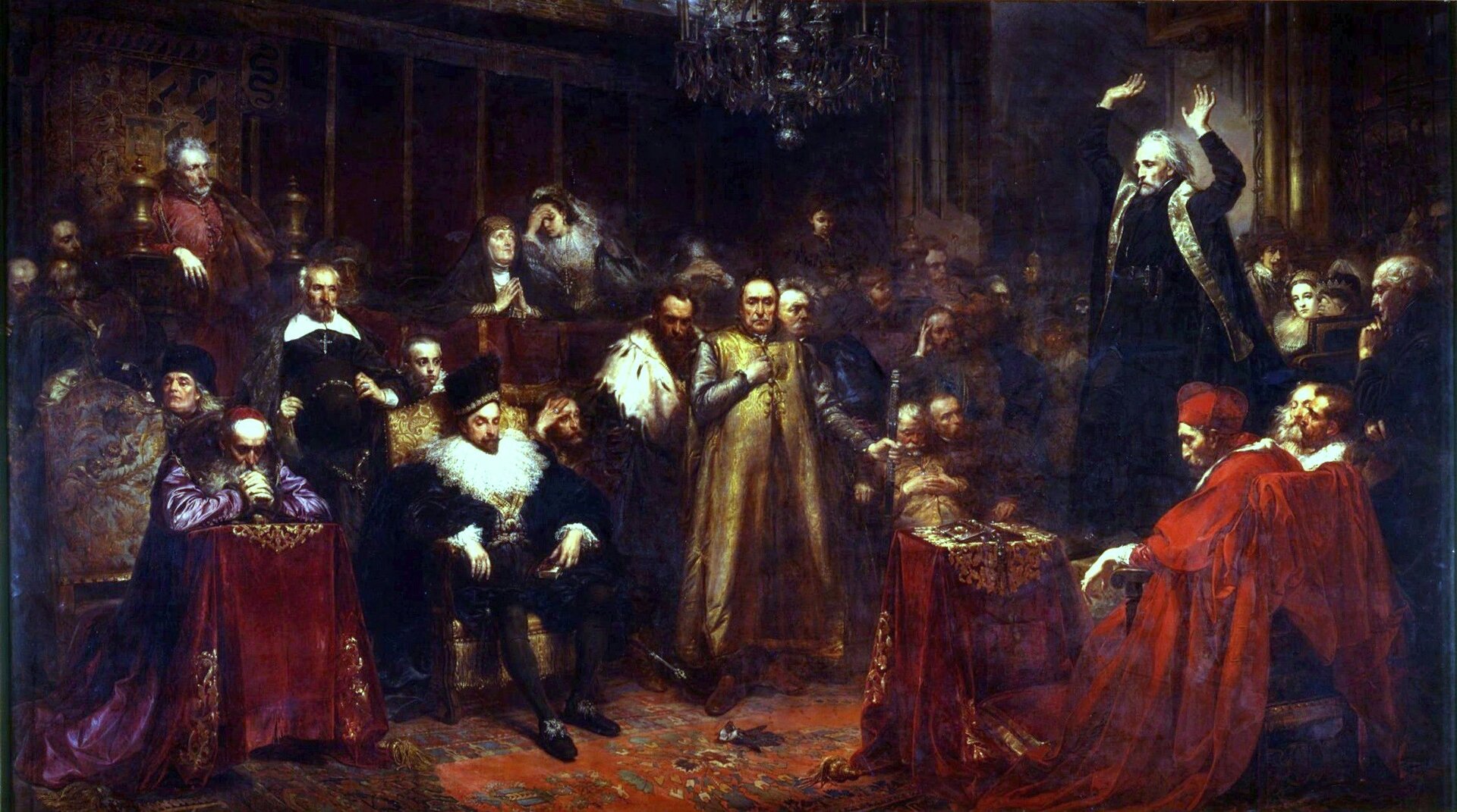 Kazanie Piotra Skargi Źródło: Jan Matejko, Kazanie Piotra Skargi, 1864, olej na płótnie, Zamek Królewski w Warszawie, domena publiczna.