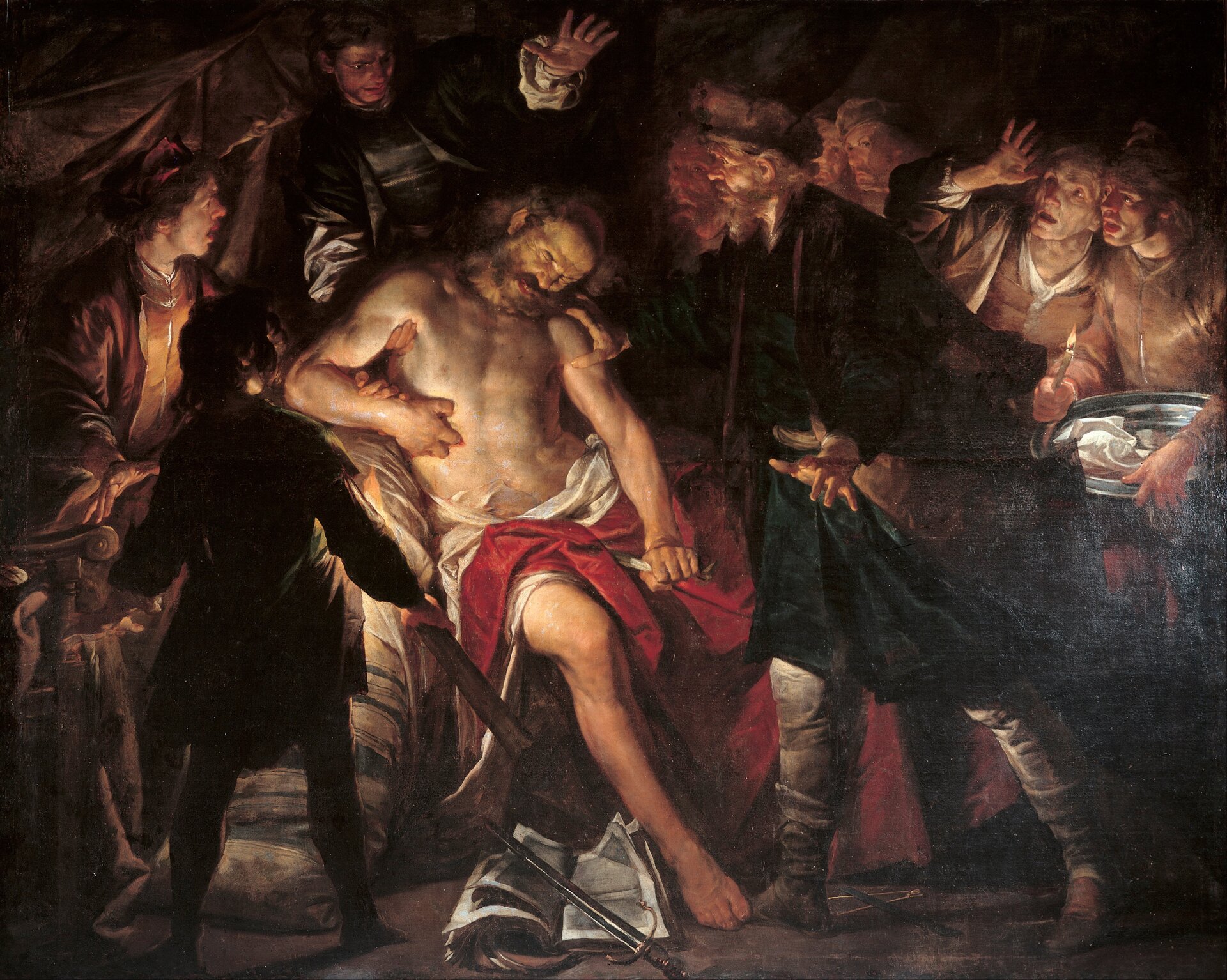 Samobójstwo Katona Młodszego Źródło: Gioacchino Assereto, Samobójstwo Katona Młodszego, 1640, Musei di Strada Nuova, domena publiczna.