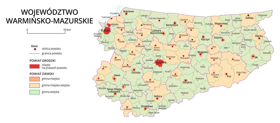 Mapa województwa warmińsko-mazurskiego. Na mapie fioletowymi liniami zaznaczono granice powiatów ziemskich, dużymi czerwonymi kropkami zaznaczono miasta będące stolicami powiatów. W obrębie powiatów ziemskich kolorami wyróżniono gminy miejskie, miejsko-wiejskie i wiejskie. Czerwonym kolorem wyróżniono powiaty grodzkie z miastami na prawach powiatu, miasta te opisano dużymi literami. Kolory i znaki użyte na mapie opisano w legendzie. W legendzie podziałka liniowa.