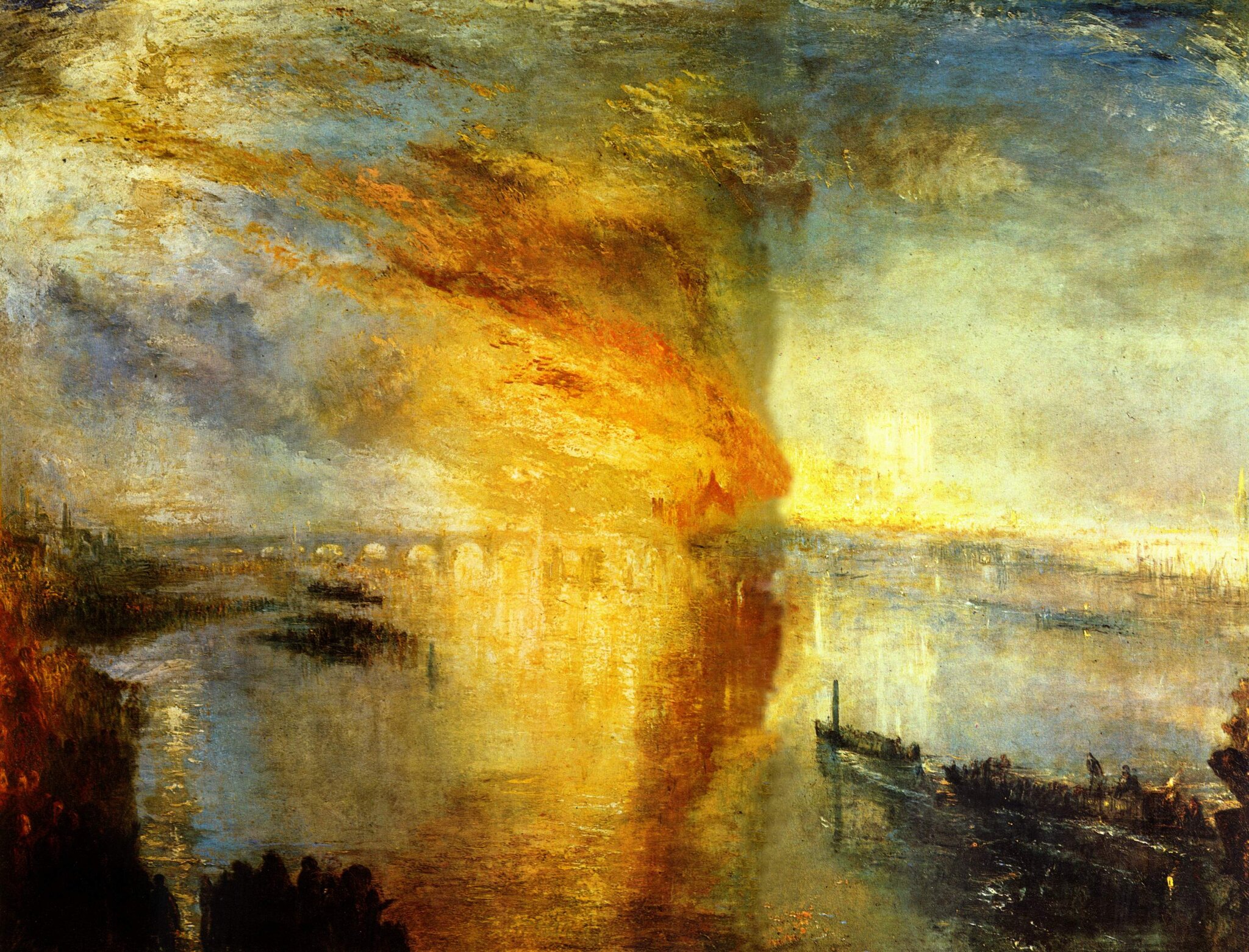 Pożar parlamentu londyńskiego Źródło: William Turner, Pożar parlamentu londyńskiego, 1835, olej na płótnie, Cleveland Museum of Art, domena publiczna.
