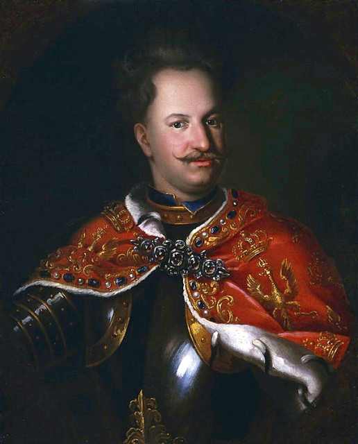 Portret króla Stanisława Leszczyńskiego Stanisław Leszczyński w czasie swojego pierwszego panowania. Źródło: Ádám Mányoki, Portret króla Stanisława Leszczyńskiego, przed 1709 r., olej na płótnie, Muzeum Narodowe w Warszawie, domena publiczna.