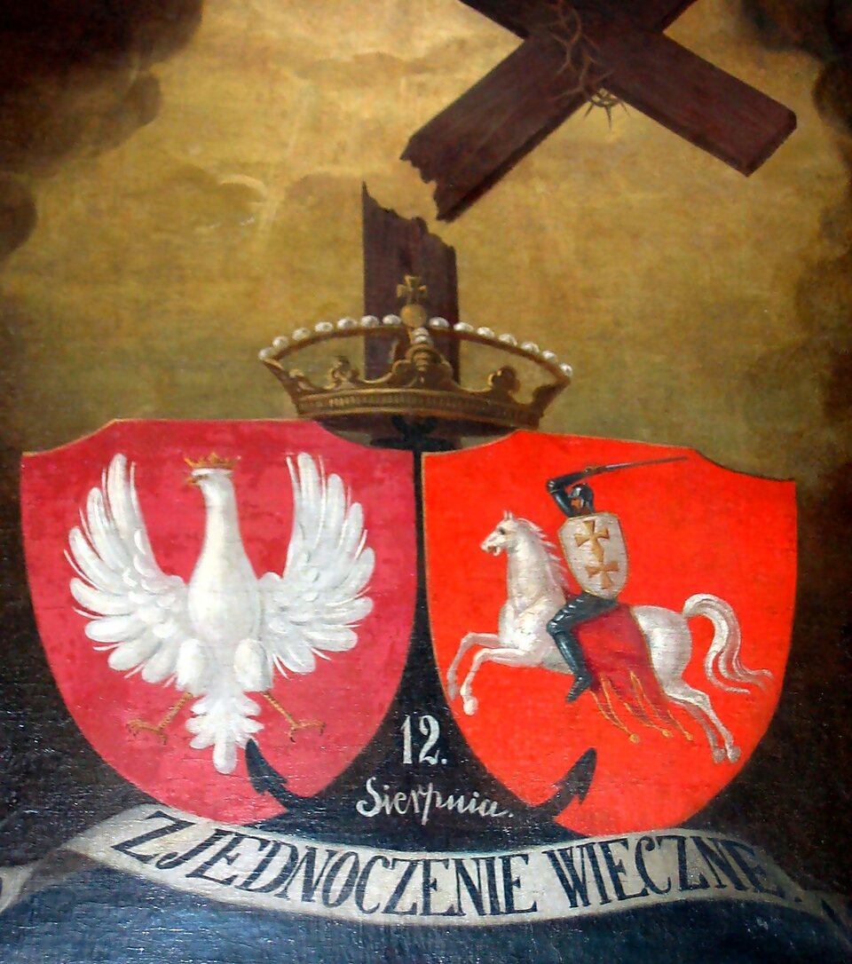 Herby Polski (z lewej) i Litwy (z prawej) na obrazie upamiętniającym zawarcie unii polsko-litewskiej w Krewie Herby Polski (z lewej) i Litwy (z prawej) na obrazie upamiętniającym zawarcie unii polsko-litewskiej w Krewie Źródło: domena publiczna.