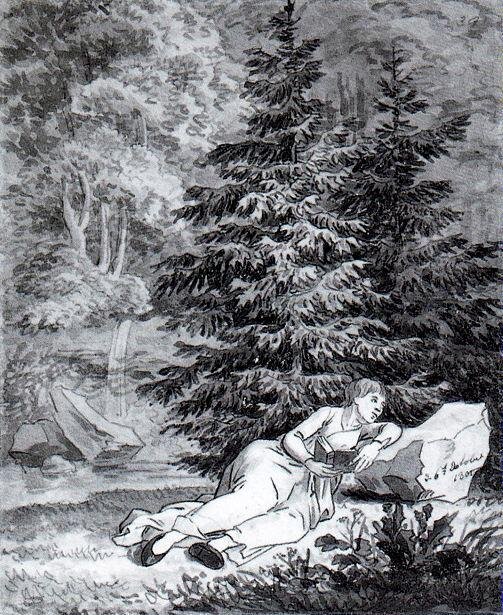Romantyczna czytelniczka Źródło: Caspar David Friedrich, Romantyczna czytelniczka, 1801, Kupferstichkabinett, Drezno, domena publiczna.