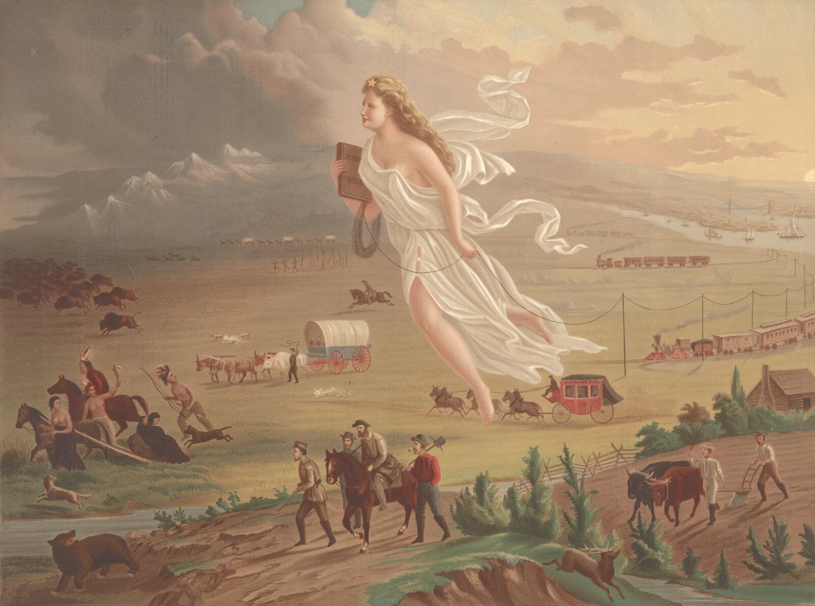Amerykański progres Źródło: John Gast, Amerykański progres, 1872, domena publiczna.