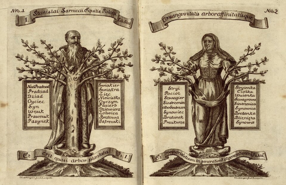 Heraldica to iest osada kleynotow rycerskich Ilustracje z dzieła Józefa Jabłonowskiego pokazujące stopnie pokrewieństwa po mieczu i po kądzieli Źródło: Józef Jabłonowski, Heraldica to iest osada kleynotow rycerskich, 1742, domena publiczna.