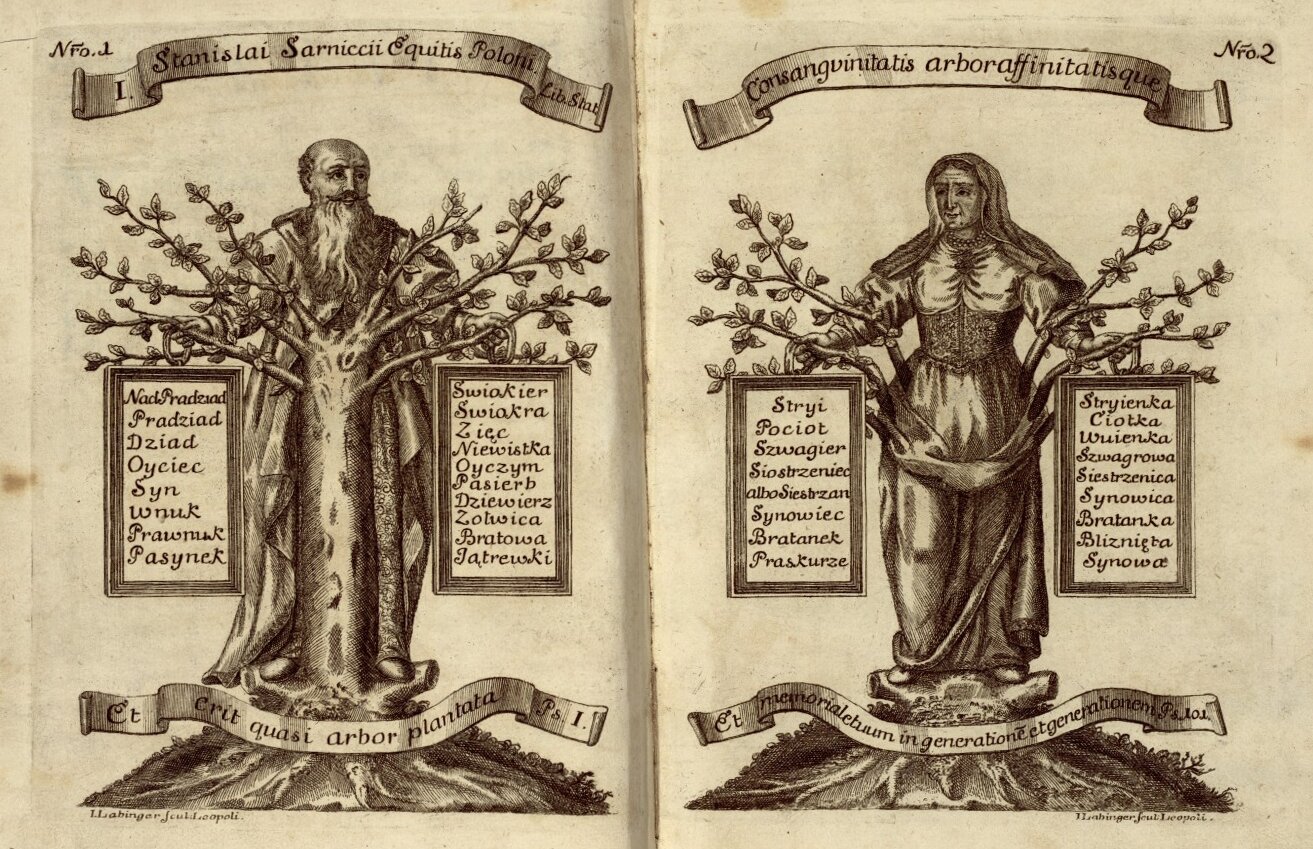 Heraldica to iest osada kleynotow rycerskich Ilustracje z dzieła Józefa Jabłonowskiego pokazujące stopnie pokrewieństwa po mieczu i po kądzieli Źródło: Józef Jabłonowski, Heraldica to iest osada kleynotow rycerskich, 1742, domena publiczna.