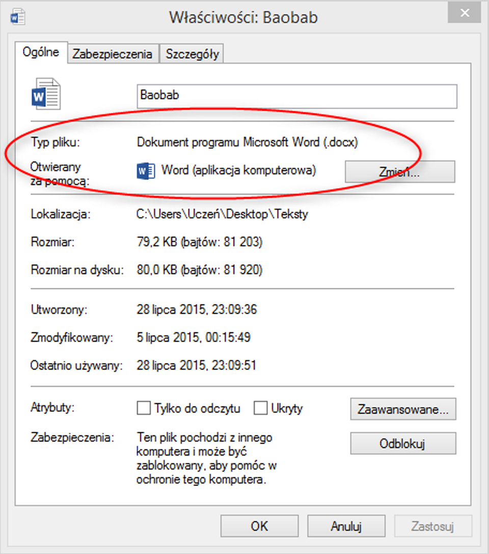 Zrzut okna: Właściwości w programie MS Word