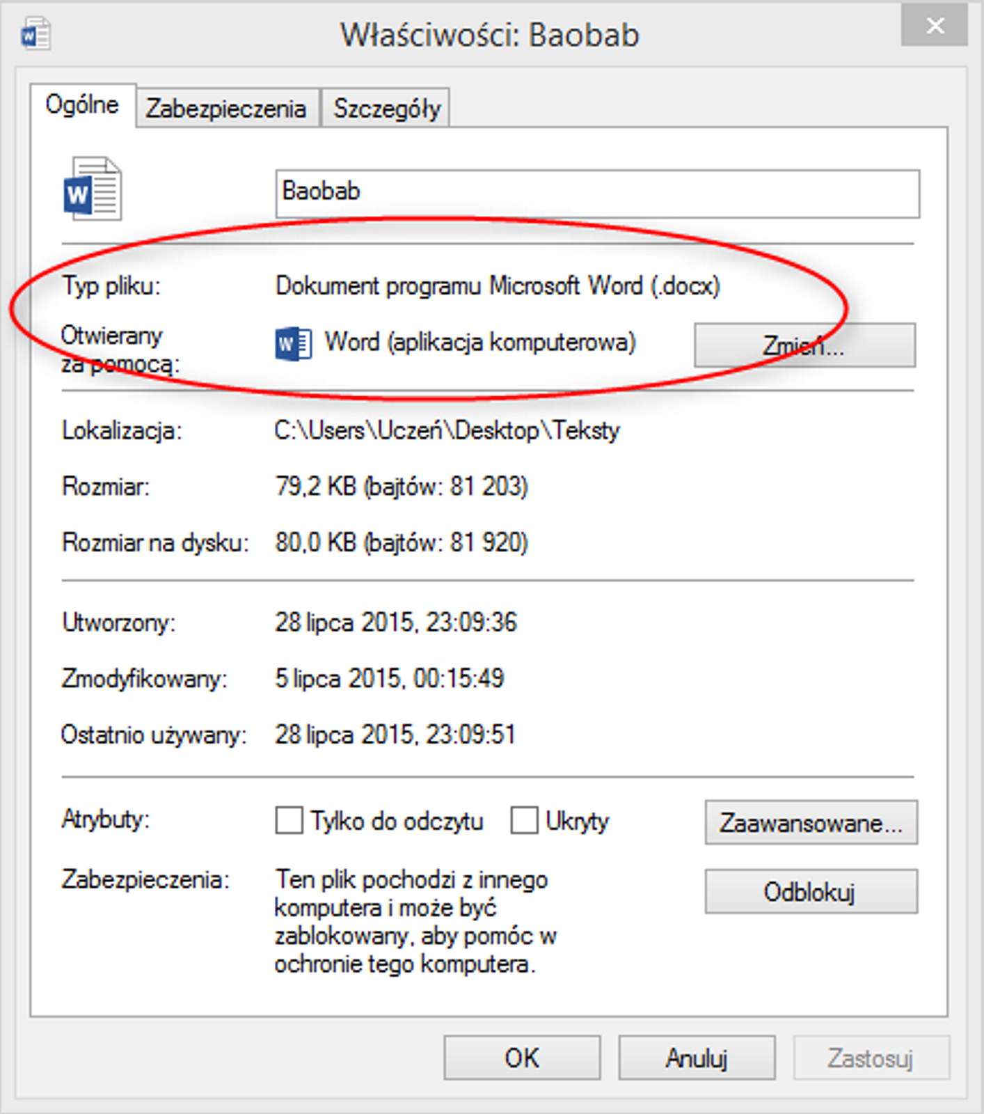 Zrzut okna: Właściwości w programie MS Word