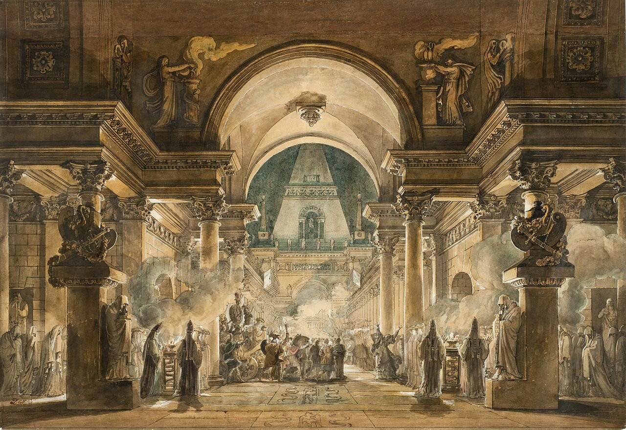 Orszak pogrzebowy Agamemnona Źródło: Louis Jean Desprez, Orszak pogrzebowy Agamemnona, 1787, akwarela i gwasz, Los Angeles County Museum of Art, domena publiczna.