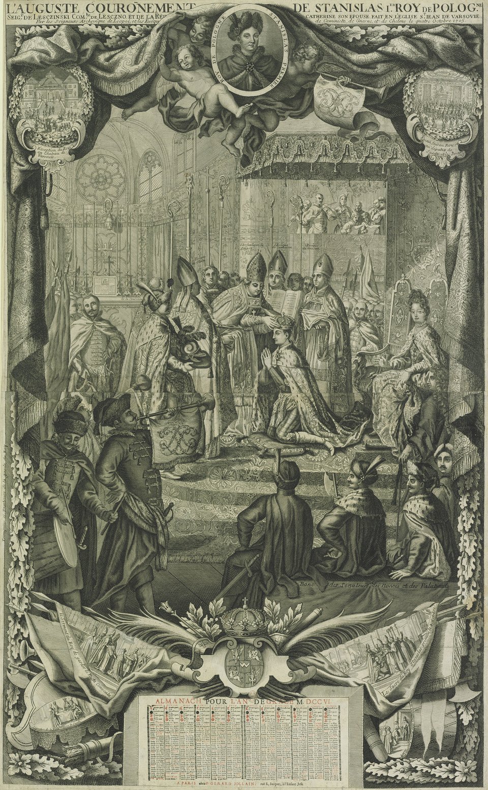 Francuska grafika przedstawiająca scenę koronacji Stanisława Leszczyńskiego na króla Polski w 1705 r. w Warszawie. Francuska grafika przedstawiająca scenę koronacji Stanisława Leszczyńskiego na króla Polski w 1705 r. w Warszawie. Źródło: 1706, Francuska Biblioteka Narodowa, domena publiczna.