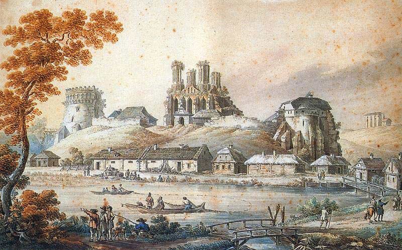 Zamek w Ostrogu Źródło: Zygmunt Vogel, Zamek w Ostrogu , 1796, Muzeum Narodowe w Warszawie, domena publiczna.