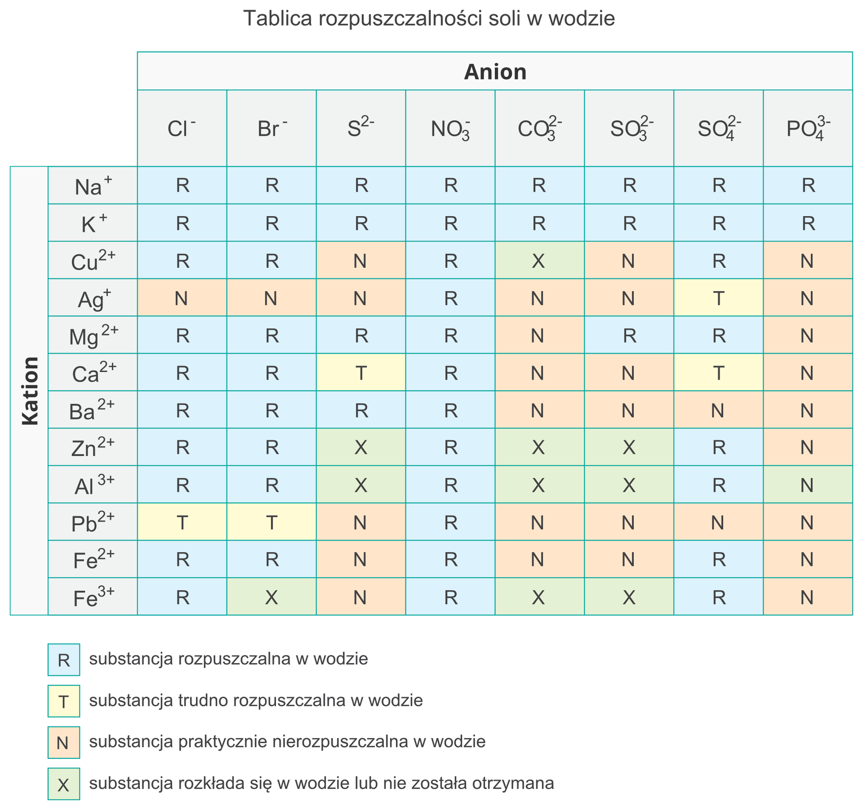 Ilustracja zawiera tabelę przedstawiającą rozpuszczalność soli w wodzie. Kolejne wiersze tabeli zawierają popularne kationy jedenastu metali, przy czym jeden z nich, żelazo, występuje w dwóch wersjach różniących się wartościowością, czyli ładunkiem jonowym. Z kolei w kolumnach znajdują się aniony reszt kwasowych: chlorkowy, bromowy, siarkowy, azotowy pięć, węglowy, siarkowy cztery, siarkowy sześć i fosforowy pięć. W tabeli rozpuszczalność konkretnych soli opisano kodem literowo barwnym. Litera R na niebieskim tle oznacza, że substancja jest dobrze rozpuszczalna w wodzie, litera T na żółtym tle oznacza, że substancja jest trudno rozpuszczalna w wodzie, a litera N na pomarańczowym tle oznacza, że substancja jest nierozpuszczalna w wodzie. Ostatnia kategoria to litera X na zielonym tle oznaczająca, że substancja rozkłada się w wodzie lub nie została otrzymana. Z tabeli można odczytać, że wszystkie sole sodu i potasu, wszystkie azotany pięć, a także prawie wszystkie chlorki i bromki (za wyjątkiem trudno rozpuszczalnych chlorku i bromku ołowiu, a także nierozpuszczalnych chlorku i bromu srebra) są rozpuszczalne w wodze. To samo dotyczy magnezu, którego sole są dobrze rozpuszczalne za wyjątkiem węglanu oraz fosforanu magnezu. Również wśród siarczanów sześć przeważają sole rozpuszczalne, za wyjątkiem trudno rozpuszczalnych siarczanów sześć srebra i wapnia oraz nierozpuszczalnych siarczanów sześć baru i ołowiu. Z kolei prawie wszystkie fosforany, poza fosforanem sodu i wapnia są nierozpuszczalne, a węglany i siarczany cztery większości metali są albo nierozpuszczalne, albo pod wpływem wody ulegają rozkładowi. Największe zróżnicowanie występuje wśród siarczków, z których cztery zilustrowane w tabeli są rozpuszczalne, jeden trudno rozpuszczalny, pięć nierozpuszczalnych, a dwa należą do grupy soli o nieokreślonej rozpuszczalności.