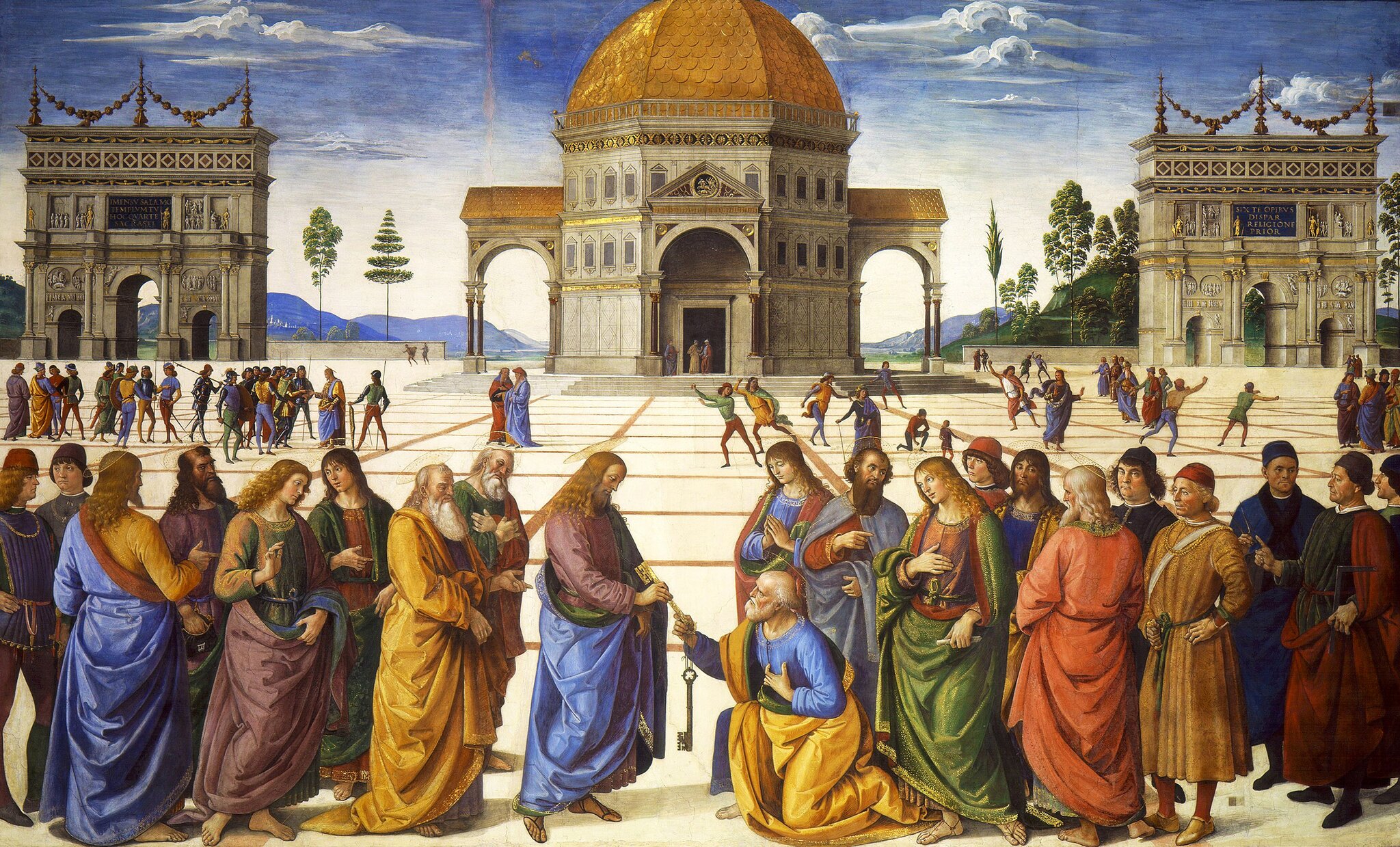 Wręczenie kluczy św. Piotrowi Źródło: Pietro Perugino, Wręczenie kluczy św. Piotrowi, 1481–1482, fesk, Kaplica Sykstyńska w Watykanie, domena publiczna.
