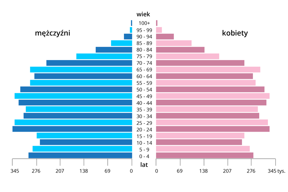 Wykres przedstawiający piramidę wieku społeczeństwa starzejącego się. Z lewej strony podziałki liczbowej określającej pięcioletnie przedziały wiekowe zestawiono słupki niebieskie dla mężczyzn, z prawej strony – różowe dla kobiet. Kształt piramidy wskazuje na typ struktury wiekowej społeczeństwa starzejącego się. Jest regresywny, ze stosunkowo niską liczbą urodzeń i podobną liczbą zgonów oraz coraz bardziej starzejącą się ludnością. Piramida ma kształt grzyba.