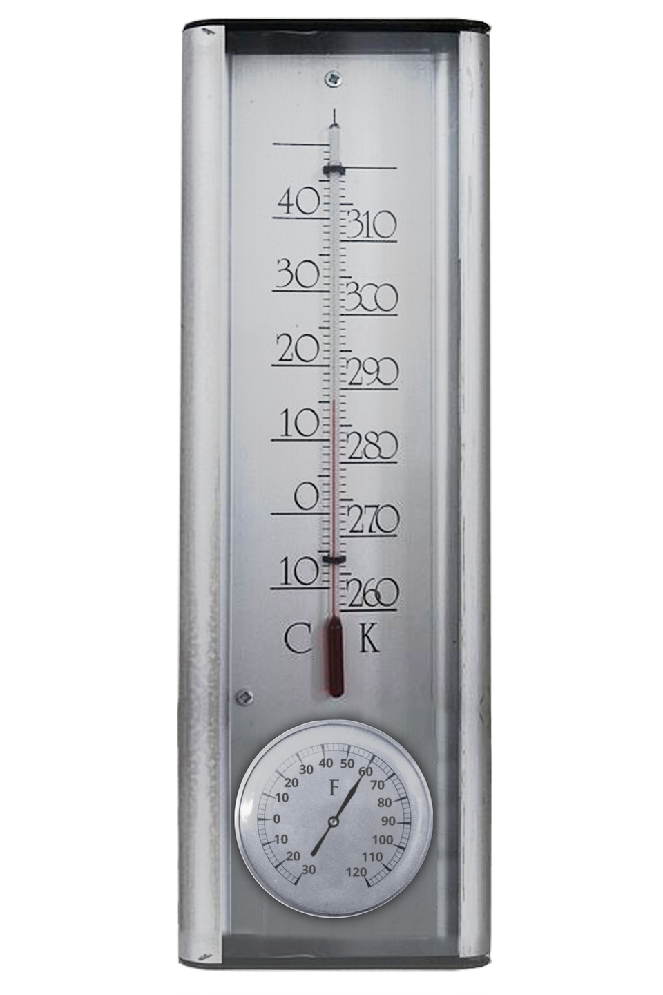Fotografia przedstawia termometr cieczowy z trzema skalami temperatur: Celsjusza, Fahrenheita i Kelvina.