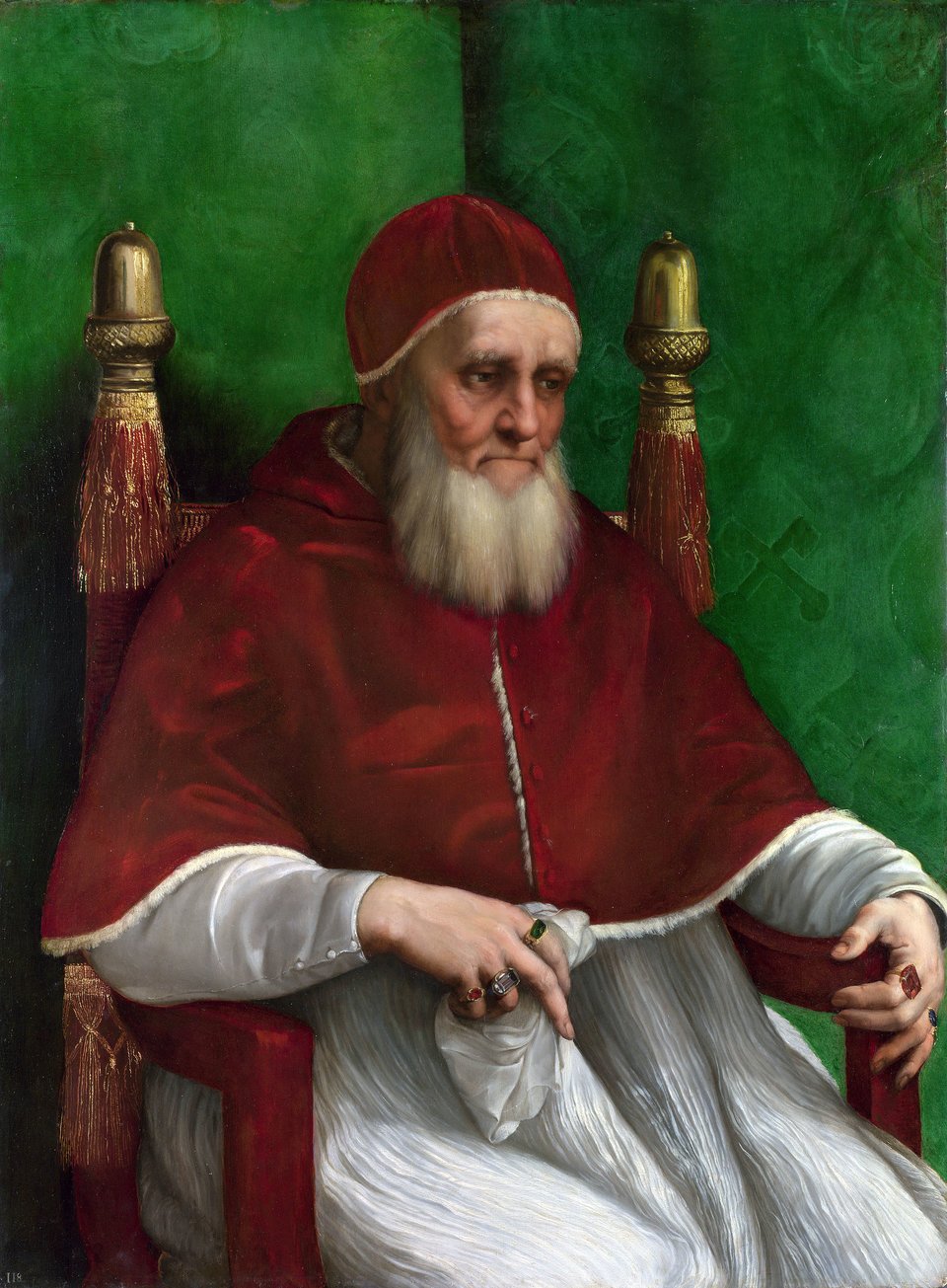 Papież Juliusz II Juliusz II (właśc. Giuliano della Rovere; ur. 5 grudnia 1443 w Albisoli, zm. 21 lutego 1513 w Rzymie) – papież w okresie od 1 listopada 1503 do 21 lutego 1513. Jego wielką zasługą, poza dobrym administrowaniem papieskim skarbcem oraz odbudową wizerunku stolicy apostolskiej, była opieka (mecenat), jaką roztaczał nad artystami tej miary, co Michał Anioł, Donato Bramante czy Rafael Santi. Wielką, nawet wówczas, gdy prawdziwe jest twierdzenie, że główną intencją mecenasa jest chęć zapisania się w pamięci potomnych Źródło: Rafael Santi, Papież Juliusz II, 1511, olej na topoli, National Gallery, domena publiczna.