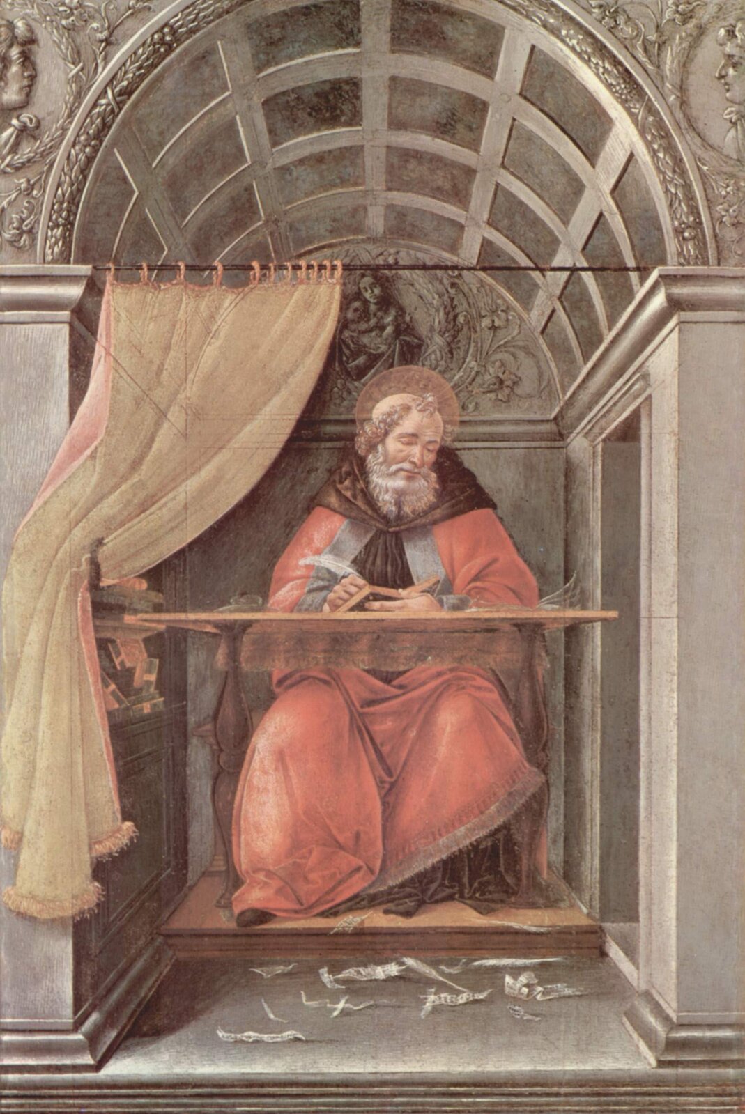 Św. Augustyn w celi Spróbuj wyjaśnić, dlaczego Botticelli przedstawił świętego wykonującego właśnie takie zajęcia. Źródło: Sandro Botticelli, Św. Augustyn w celi, 1490–1495, tempera na drewnie, Galleria degli Uffizi, Florencja, domena publiczna.