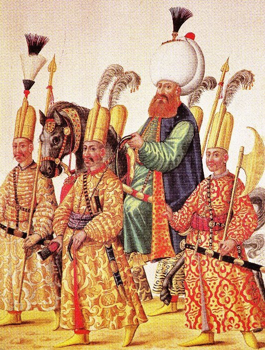 Wielki wezyr sułtana osmańskiego w otoczeniu swojej straży przybocznej – rysunek w rękopisie austriackim z końca XVI w. Wielki wezyr sułtana osmańskiego w otoczeniu swojej straży przybocznej – rysunek w rękopisie austriackim z końca XVI w. Źródło: ok. 1590, domena publiczna.