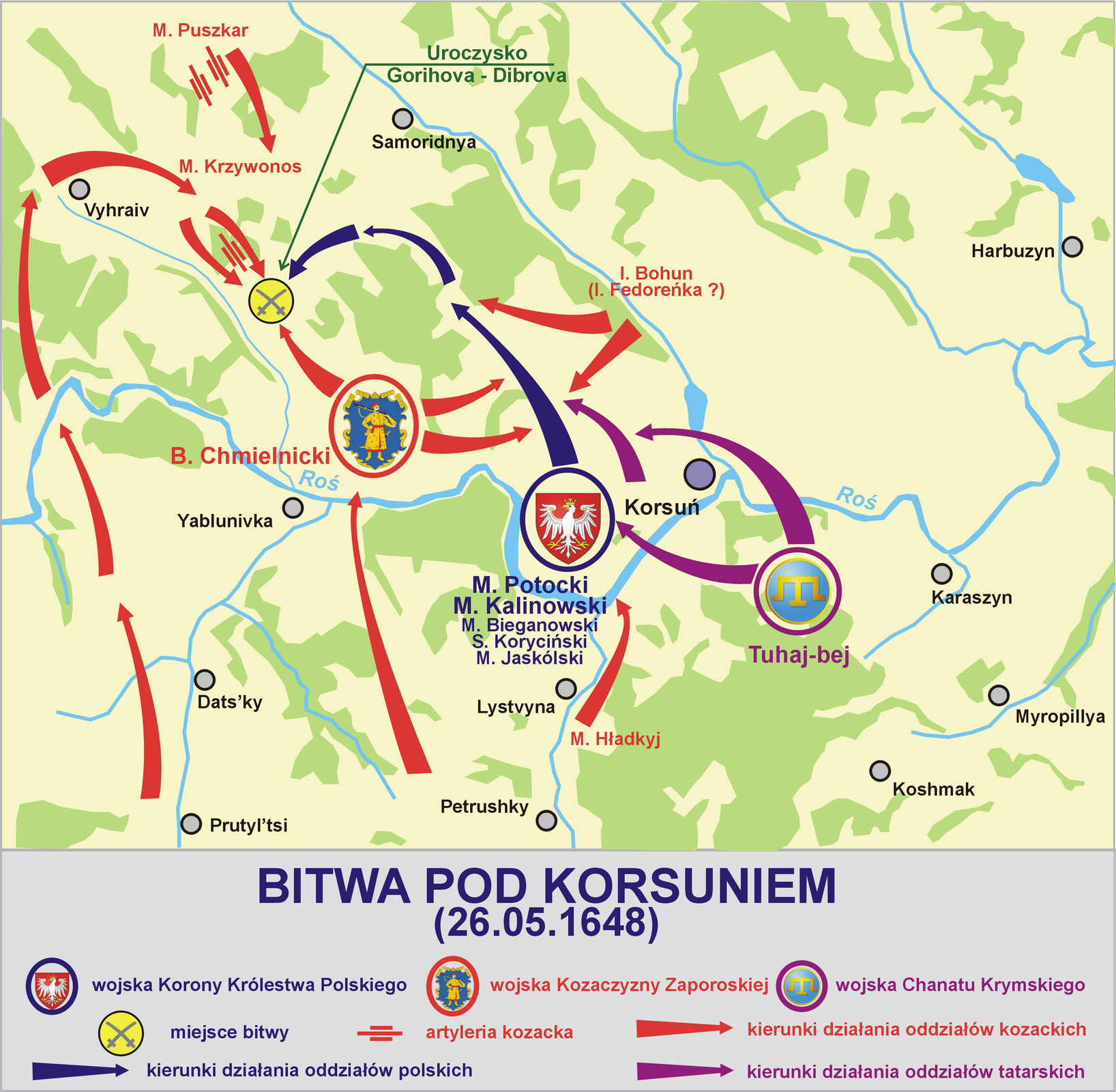 Plan bitwy pod Korsuniem 26 maja 1648 r. Plan bitwy pod Korsuniem 26 maja 1648 r. Źródło: Lonio17, Wikimedia Commons, licencja: CC BY-SA 4.0.