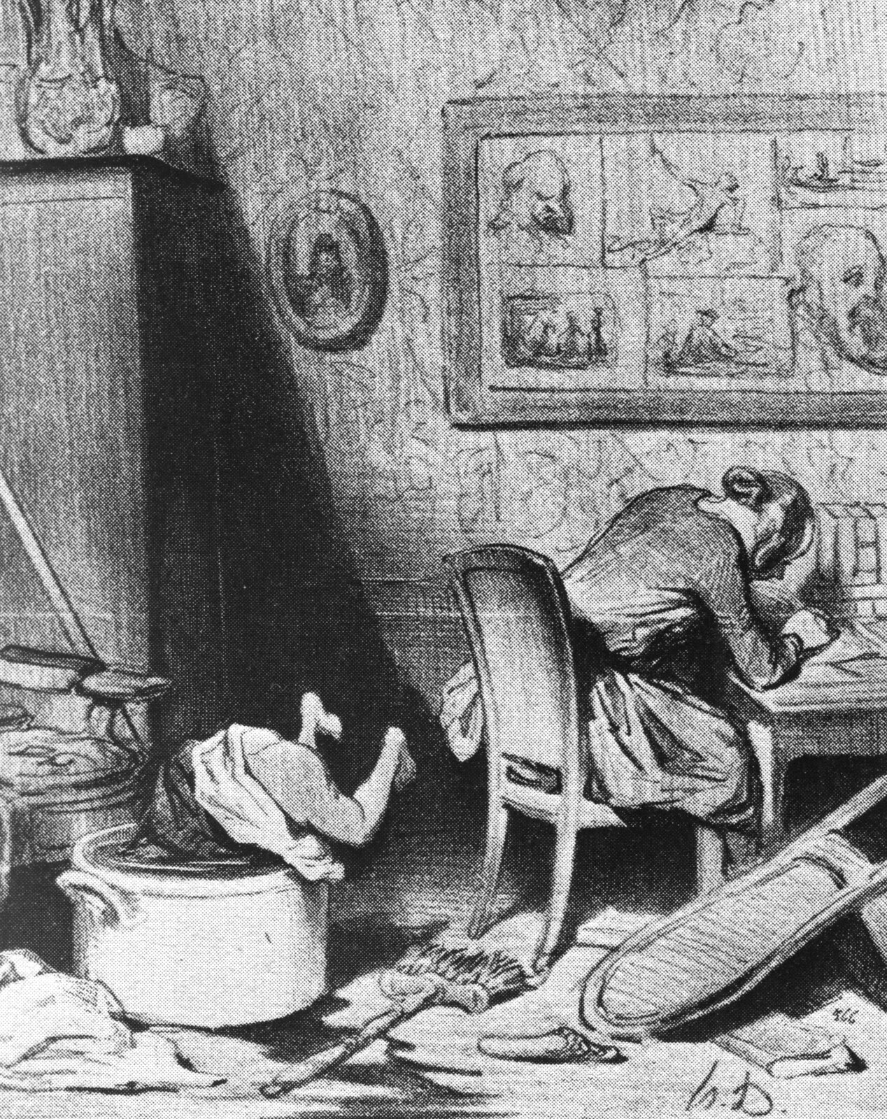 Karykatura. Kobieta zaniedbuje swoją rodzinę Źródło: Honoré Daumier, Karykatura. Kobieta zaniedbuje swoją rodzinę, XIX wiek, domena publiczna.