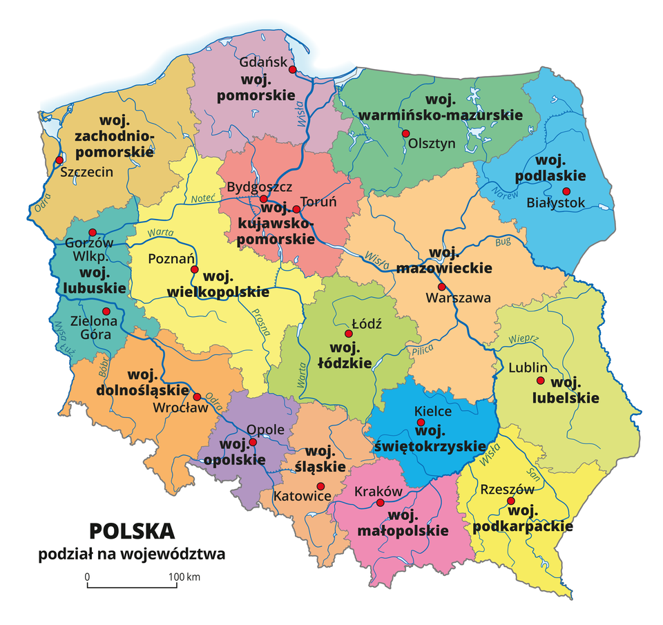 Mapa Polski z podziałem administracyjnym na siedemnaście województw. Każde województwo oznaczone innym kolorem.