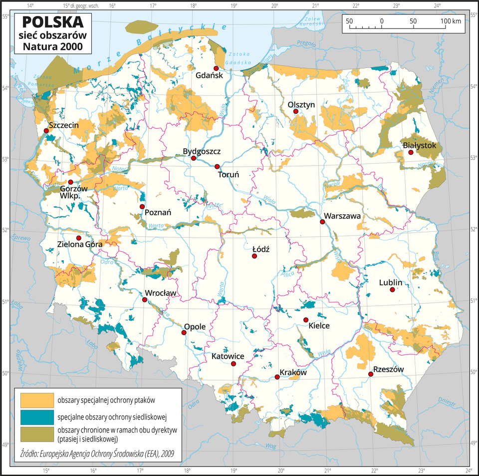 Ilustracja przedstawia mapę Polski. Na mapie barwnymi plamami przedstawiono obszary specjalnej ochrony ptaków, specjalne obszary ochrony siedliskowej i obszary chronione w ramach obu dyrektyw (ptasiej i siedliskowej). Obszary te występują na lądzie, jak również w obrębie morza. Najwięcej jest obszarów specjalnej ochrony ptaków, występują głównie nad morzem, w pasie pojezierzy i wzdłuż rzek. Mapa zawiera południki i równoleżniki, dookoła mapy w białej ramce opisano współrzędne geograficzne co jeden stopień.