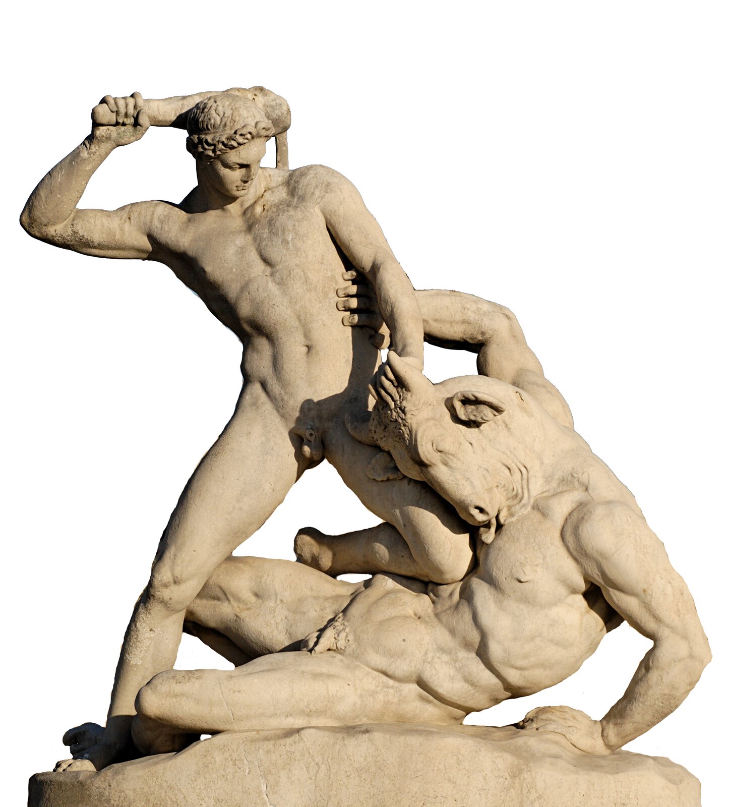Tezeusz walczący z Minotaurem Źródło: Étienne-Jules Ramey, Tezeusz walczący z Minotaurem, 1826, marmur, ogród Tuileries, Paryż, domena publiczna.