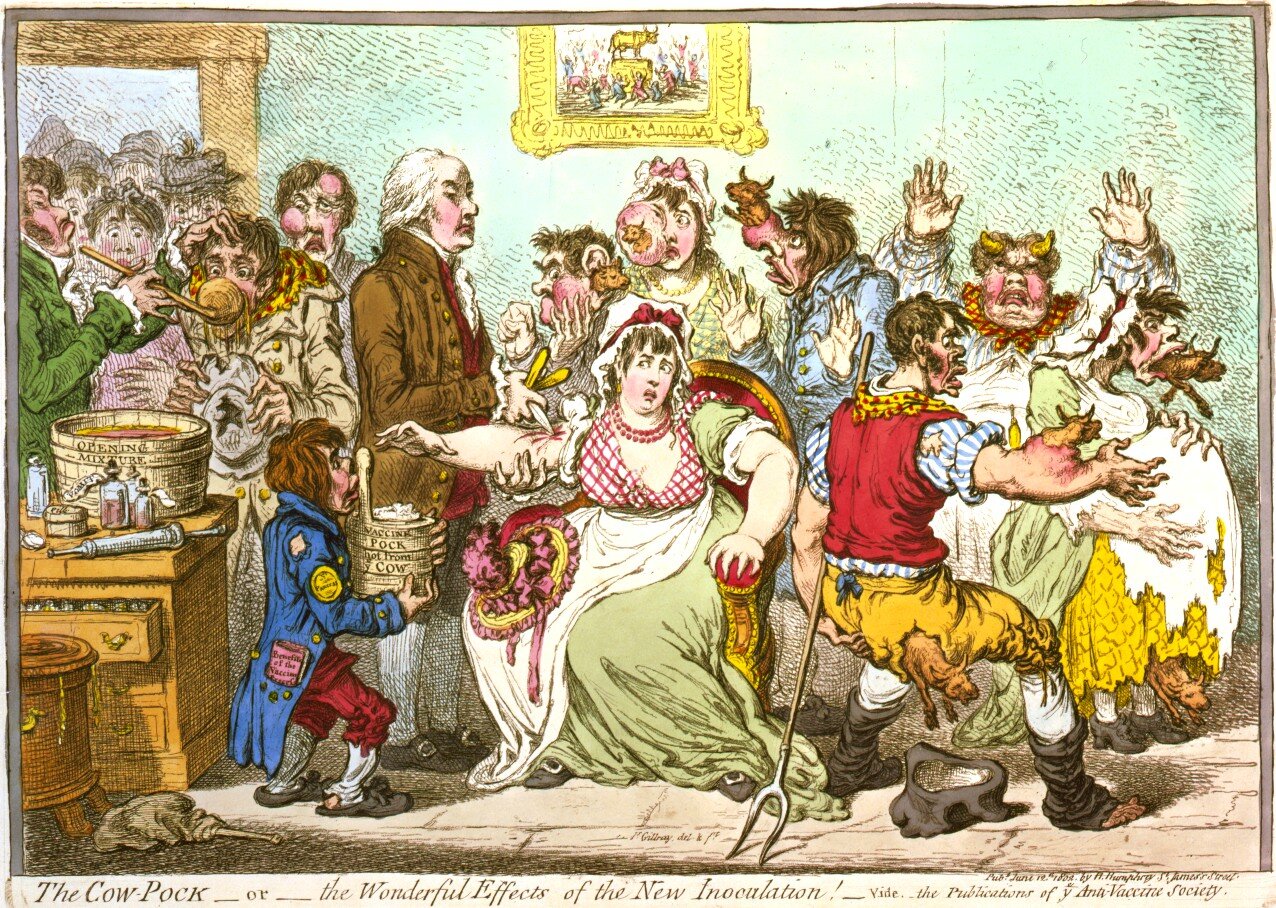 Wirus krowiej ospy - rysunek satyryczny Źródło: James Gillray, Wirus krowiej ospy - rysunek satyryczny, 1802, domena publiczna.