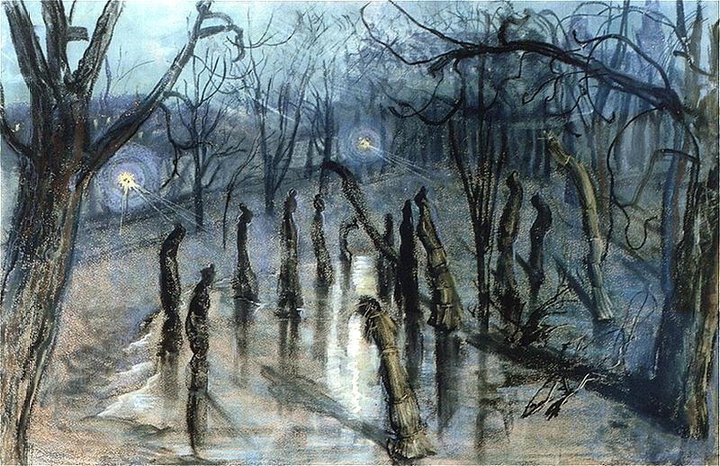 Chochoły (Planty nocą) Źródło: Stanisław Wyspiański, Chochoły (Planty nocą), 1898-1899, Pastel na papierze, Muzeum Narodowe w Warszawie, domena publiczna.