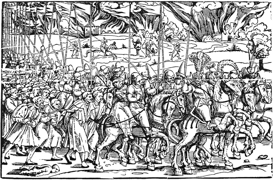 Turecki jasyr Turecki jasyr prowadzony podczas wojen węgierskich w XVI w. Źródło: Erhard Schön, Turecki jasyr, po. 1530, domena publiczna.