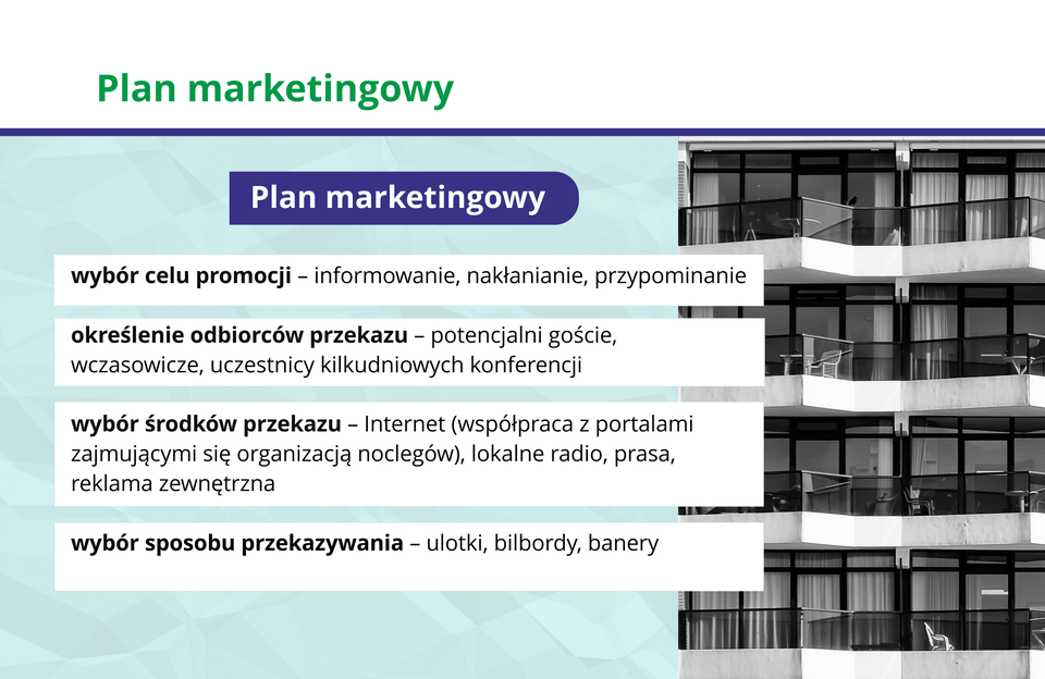Grafika zawiera elementy tworzenia planu marketingowego.