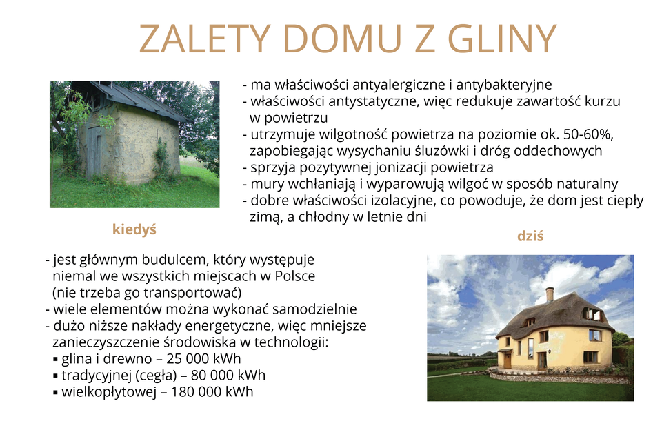 Plansza przedstawia zalety domu z gliny wyszczególnione w dziewięciu punktach wyszczególniających kwestie zdrowotne, związane z ogrzewaniem, łatwą dostępnością materiałów budowlanych oraz niższym zapotrzebowaniem na energię podczas budowy. Po lewej stronie u góry planszy prezentowany jest na zdjęciu przykład starego budynku z gliny – prawdopodobnie starej szopy lub przybudówki – podpisany słowem Kiedyś, natomiast w prawym dolnym rogu zdjęcie przedstawia nowoczesny dom piętrowy z poddaszem, żółtą fasadą i gładkim dachem podpisany słowem Dziś.