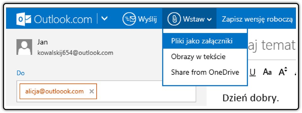 Zrzut fragmentu okna poczty Outlook.com z pokazaną listą rozwijalną: Wstaw