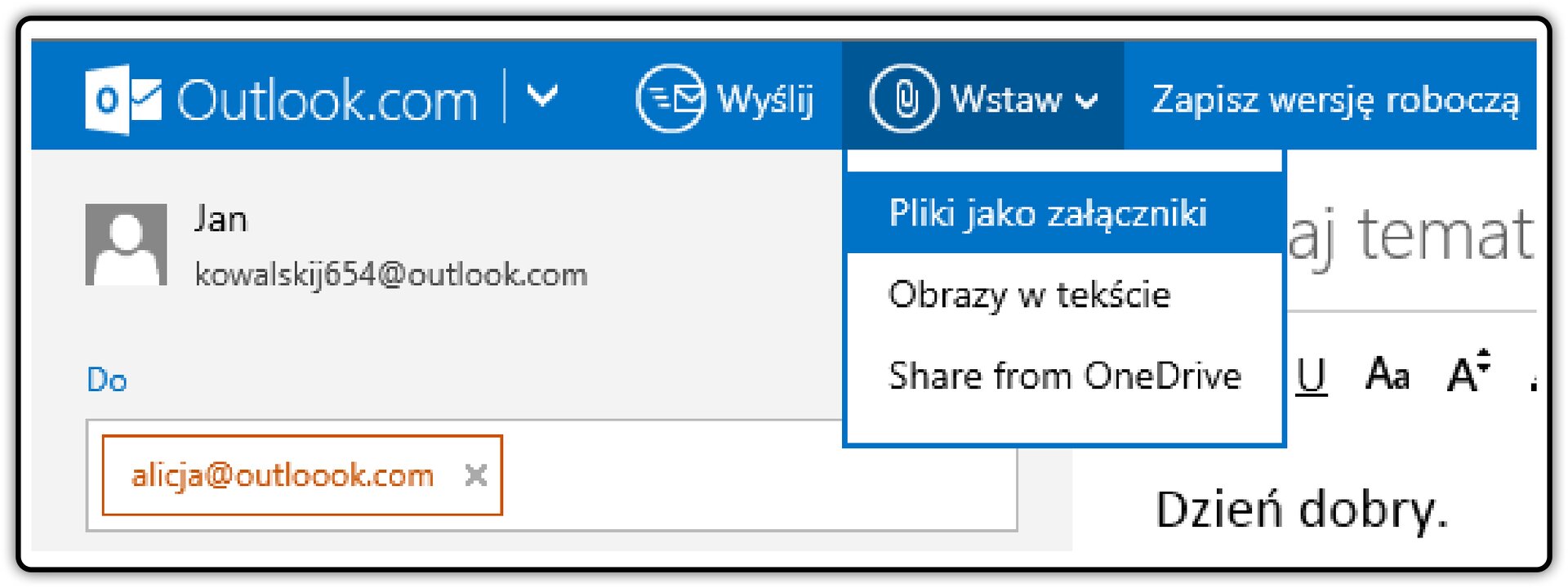 Zrzut fragmentu okna poczty Outlook.com z pokazaną listą rozwijalną: Wstaw