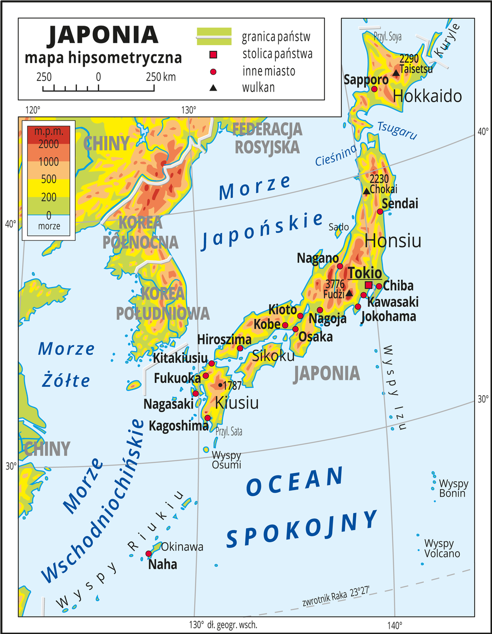 Ilustracja przedstawia mapę hipsometryczną Japonii. W obrębie lądów występują obszary w kolorze zielonym, żółtym, pomarańczowym i czerwonym. Przeważają obszary wyżynne. Zaznaczono granice państw i opisano ich nazwy. Morza zaznaczono kolorem niebieskim i opisano. Oznaczono i opisano stolice i główne miasta. Trójkątami oznaczono wulkany i podano ich wysokości. Mapa pokryta jest równoleżnikami i południkami. Dookoła mapy w białej ramce opisano współrzędne geograficzne co dziesięć stopni. W legendzie umieszczono i opisano znaki użyte na mapie.