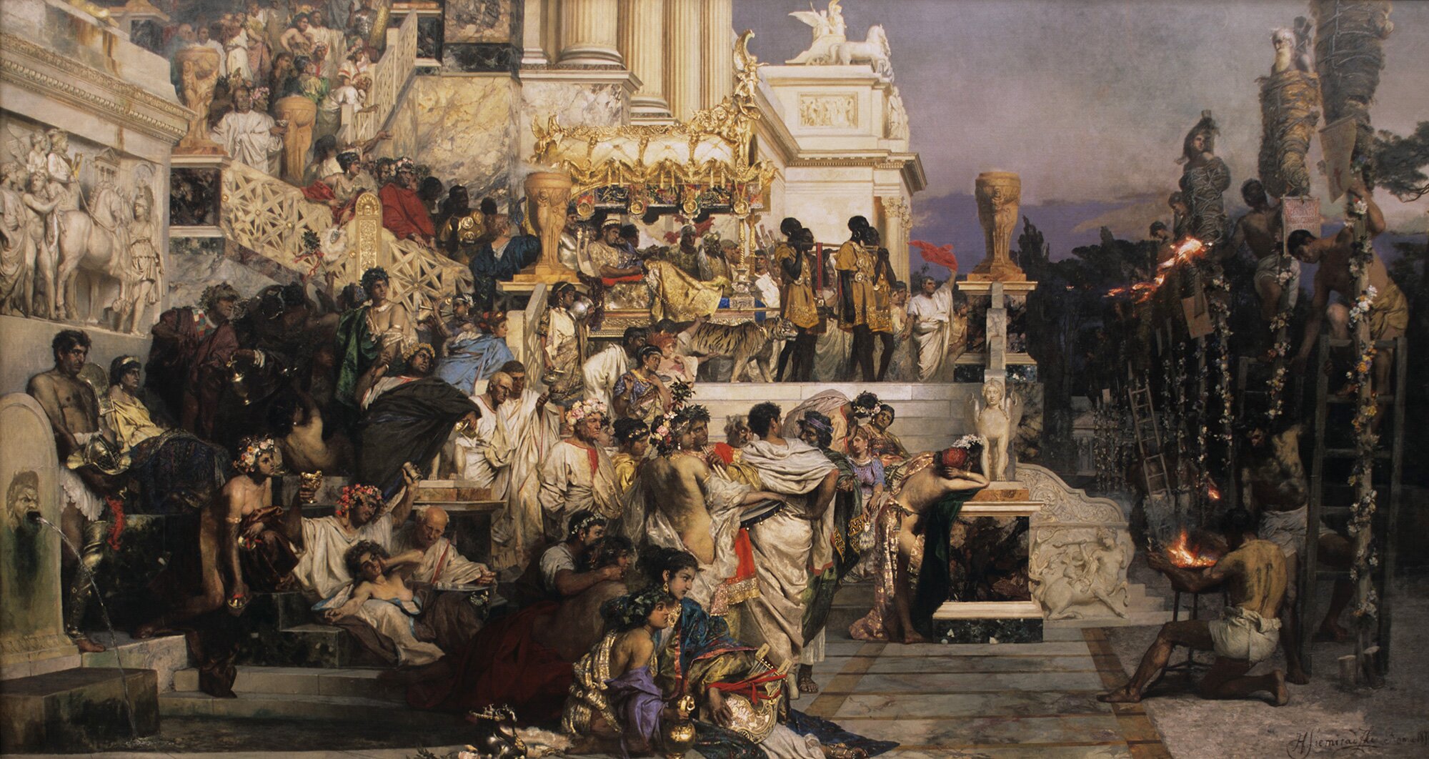 Pochodnie Nerona Źródło: Henryk Siemiradzki, Pochodnie Nerona, 1876, olej na płótnie, Muzeum Narodowe w Krakowie, domena publiczna.