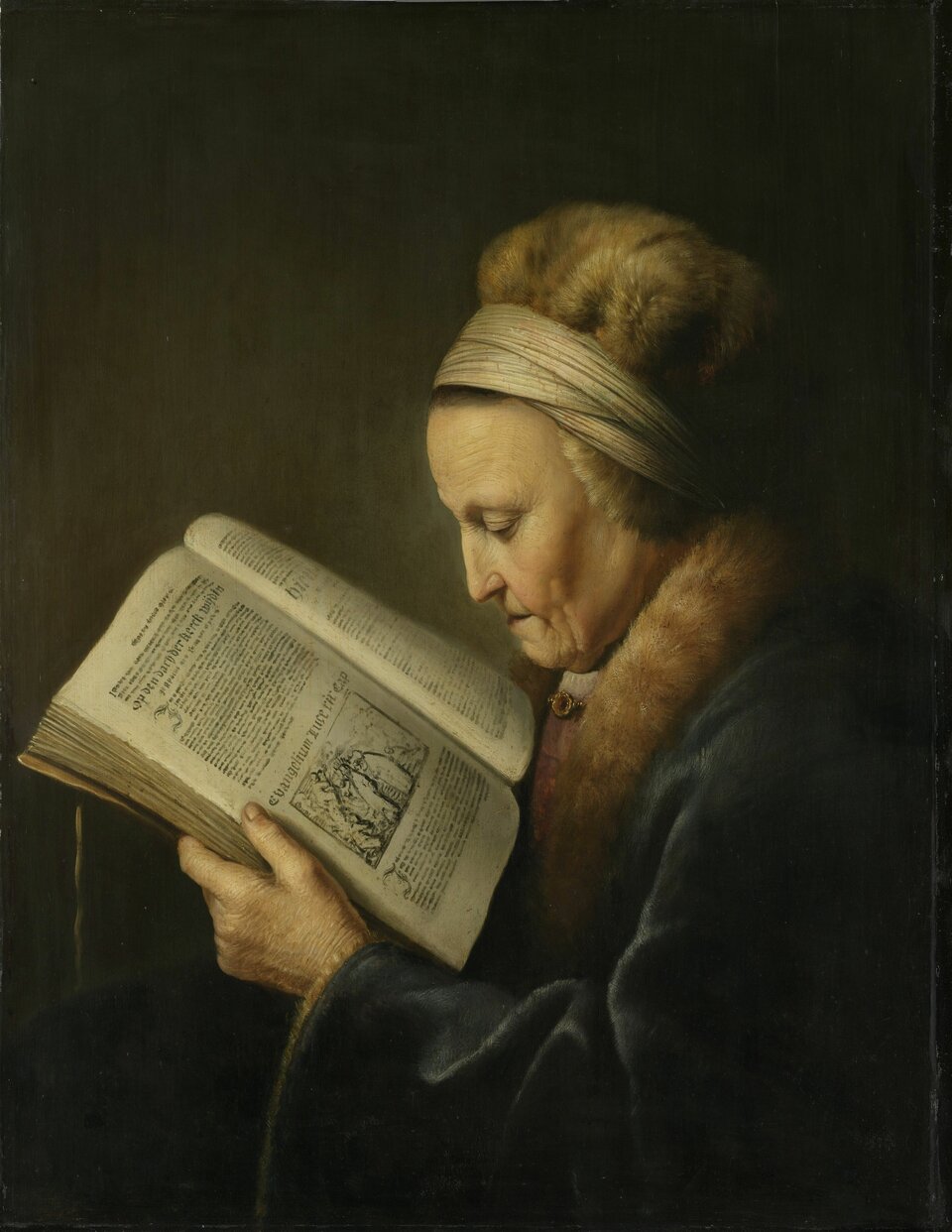 Stara kobieta czytająca Biblię Źródło: Gerrit Dou, Stara kobieta czytająca Biblię, ok. 1630, olej na płycie, Rijksmuseum, Amsterdam, domena publiczna.